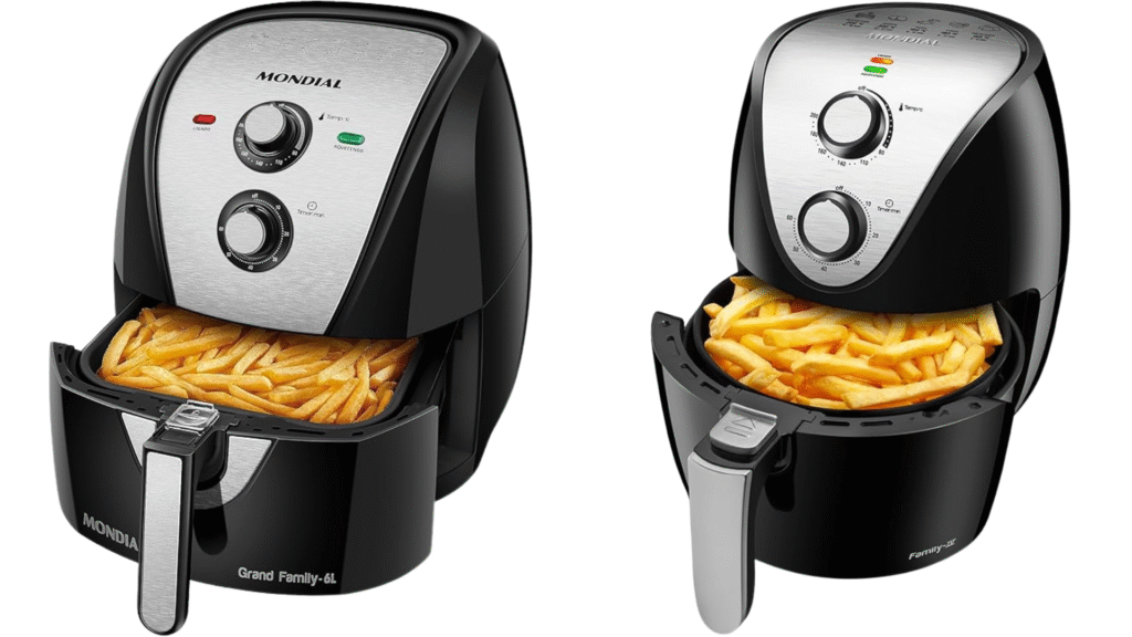 Air Fryer Mondial AFN-60-BI de 6L e Air Fryer Mondial AF-30 I de 3,5L lado a lado
